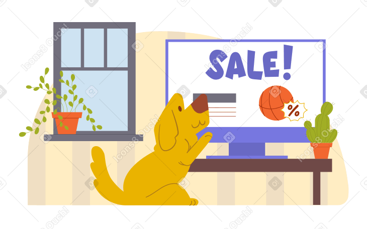 Illustration Texte de vente et chien achète en ligne à la maison aux formats PNG, SVG