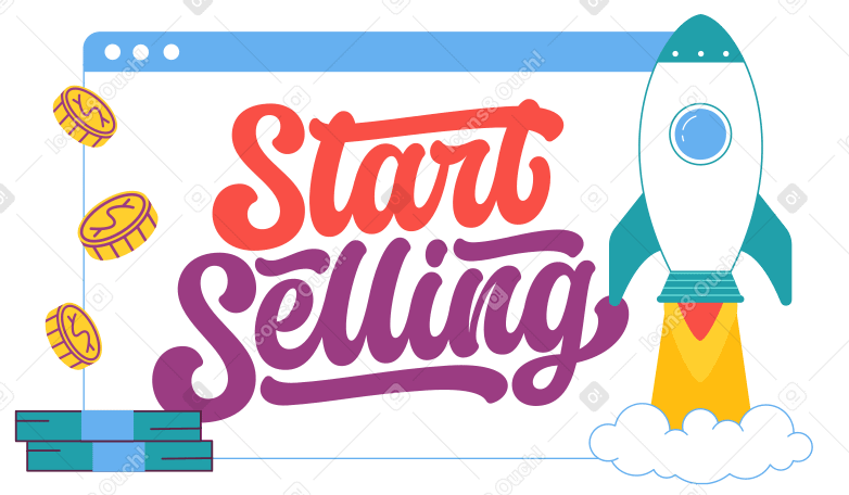 Lettering Start Selling in screen with money and rocket text PNG, SVG