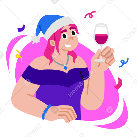 Happy woman in santa hat with glass of wine PNG, SVG
