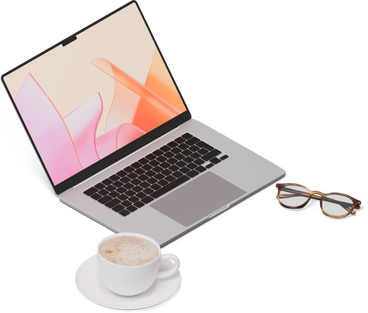 Изометрический вид ноутбука, чашка кофе, стаканы в PNG, SVG