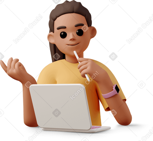 3D Mujer joven sentada frente a la computadora portátil y teniendo una idea PNG, SVG