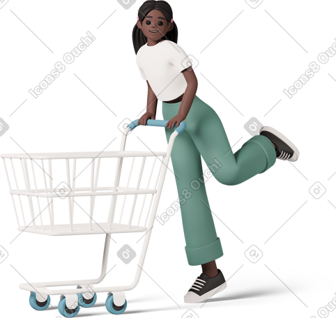 3D black girl with empty shopping cart PNG, SVG