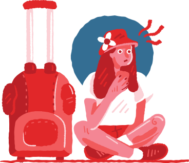 Uma mulher sentada no chão ao lado de uma mala vermelha PNG, SVG