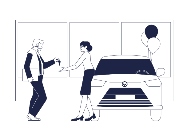 Car dealership salesman gives car keys to female customer Illustration in PNG, SVG