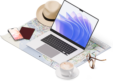 地图、笔记本电脑、杯子、智能手机、护照、眼镜的等距视图 PNG, SVG