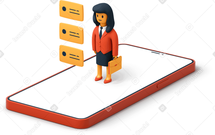 3D 빨간 전화에 서 있는 비즈니스 우먼 PNG, SVG