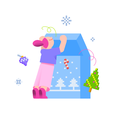Young woman opens a box of Christmas decorations animated illustration in GIF, Lottie (JSON), AE
