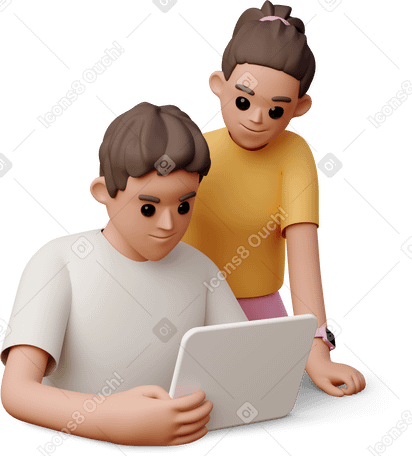 Illustration 3D Jeune homme et femme regardant une tablette aux formats PNG, SVG