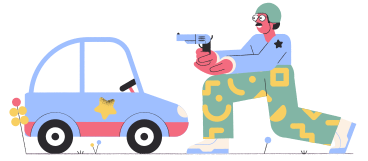 Policeman with weapon standing next to car PNG, SVG