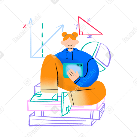 Girl studying while sitting on a pile of books PNG, SVG