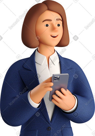 Businesswoman in blue suit with phone looking aside PNG, SVG