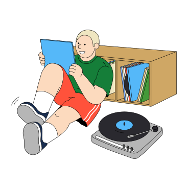 Young man listening to music on a vinyl record player PNG, SVG