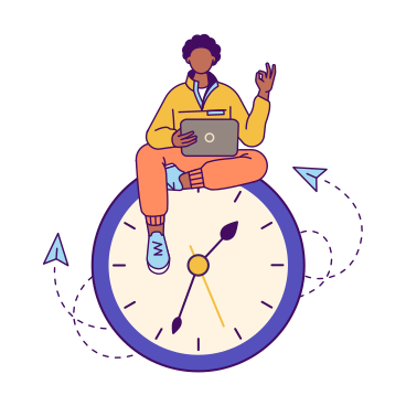 Young man with laptop sitting on clock PNG, SVG