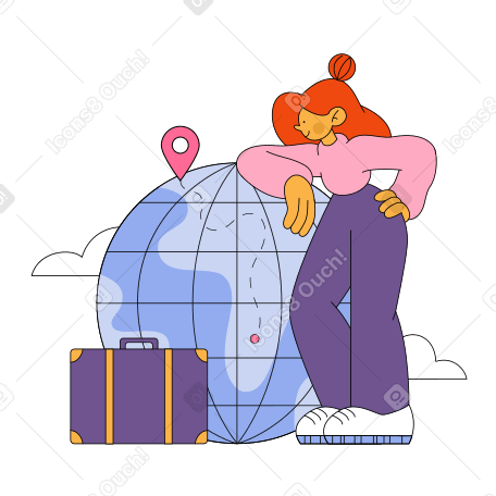 Девушка с чемоданом стоит рядом с планетой в PNG, SVG