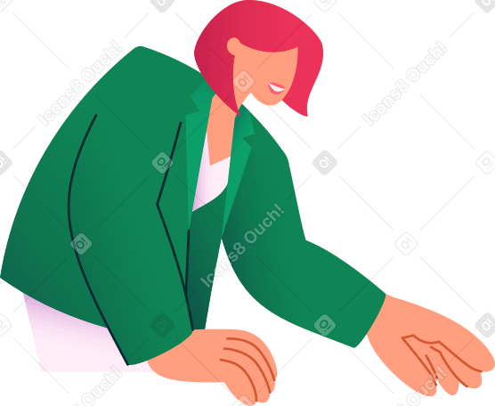 Женщина в зеленой куртке наклонилась вперед в PNG, SVG