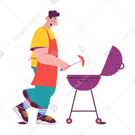 Man grills sausages Illustration in PNG, SVG