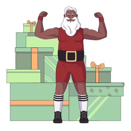 Sporty Santa Claus in front of a stack of Christmas presents Illustration in PNG, SVG