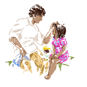 Young man and his daughter are having breakfast PNG, SVG