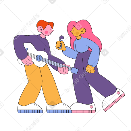 A man with a guitar and a woman with a microphone singing Illustration in PNG, SVG