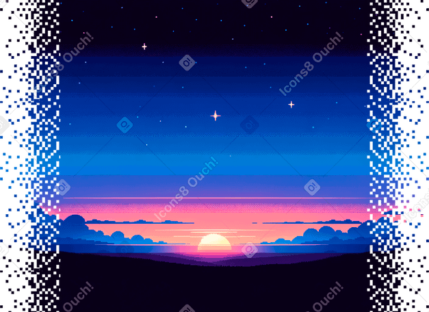 境界線が消えたピクセルの夕焼け PNG、SVG