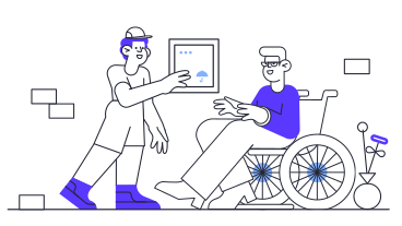 Courier hands a parcel to a man in a wheelchair PNG, SVG