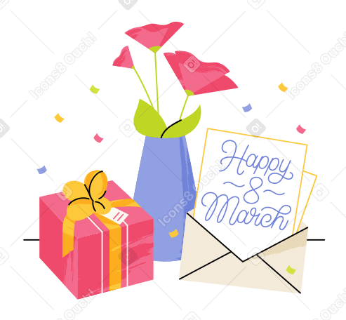 Lettering Happy Eighth March with flower and gift box PNG, SVG