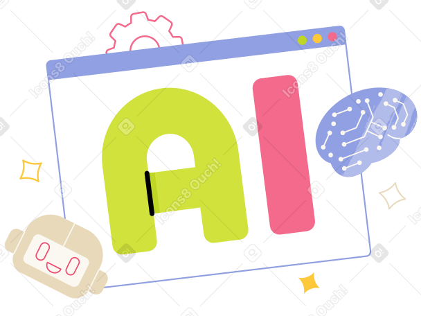 Lettering AI with browser, robot head and brain text PNG, SVG