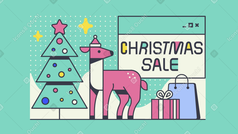 Надпись "рождественская распродажа" с елкой и подарками в PNG, SVG