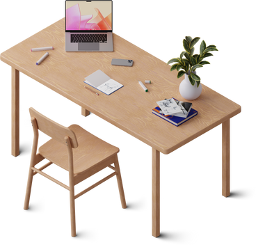 Vista isométrica del escritorio con computadora portátil, libros y bocetos de sillas PNG, SVG