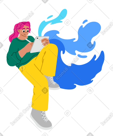 在平板电脑上画画的年轻女子 PNG, SVG