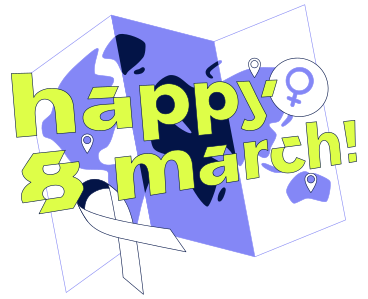 Текст happy 8 марта с картой мира и женским символом в PNG, SVG