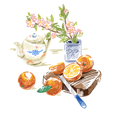 Still life with oranges and morning tea PNG, SVG