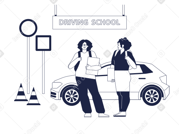 Two students on background of car and road signs from driving school PNG, SVG