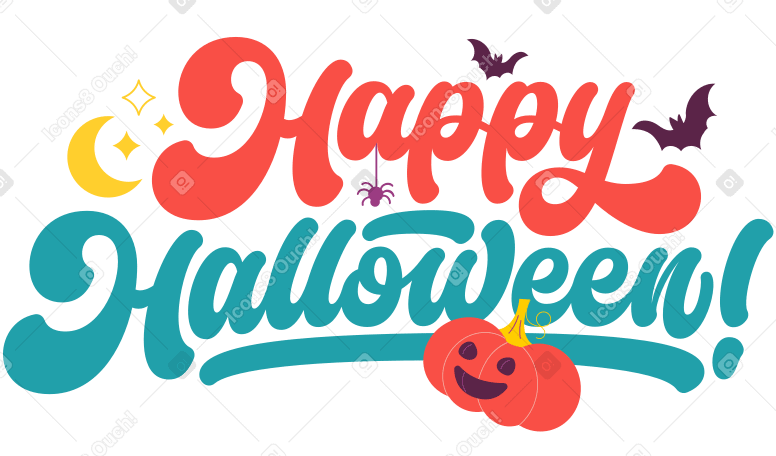 Lettering Happy Halloween! with pumpkin and bats text PNG, SVG