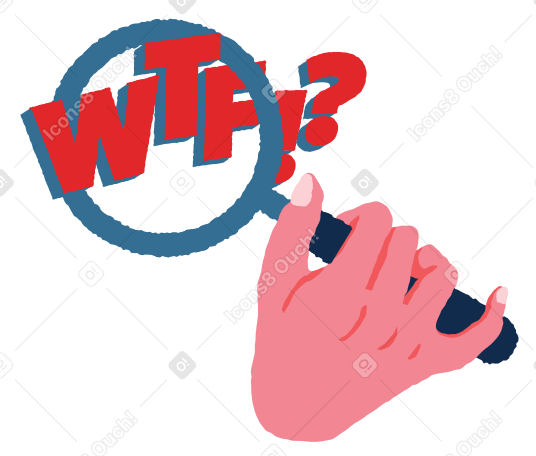 Hand holding magnifying glass over wtf PNG, SVG