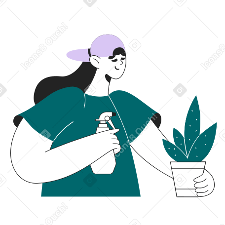 Женщина с распылителем поливает комнатное растение в PNG, SVG