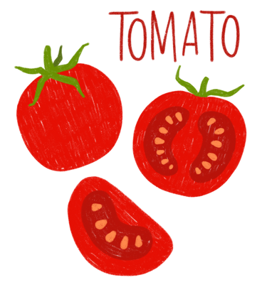 Помидор с листом, половинкой помидора, куском помидора и надписью в PNG, SVG