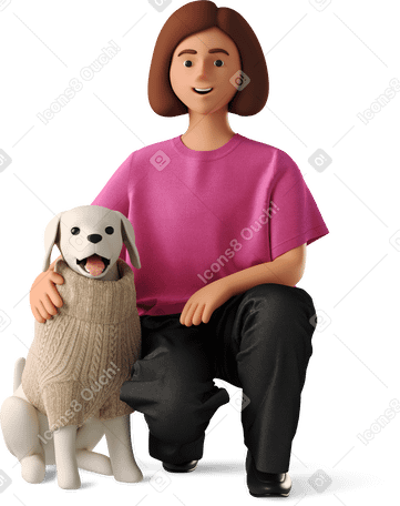 3D young woman sitting with dog в PNG, SVG