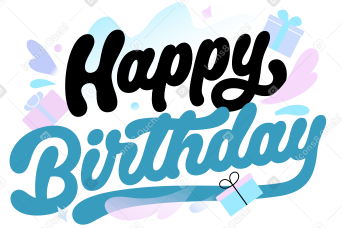 Lettering Happy Birthday with gifts and pastel clouds text PNG, SVG