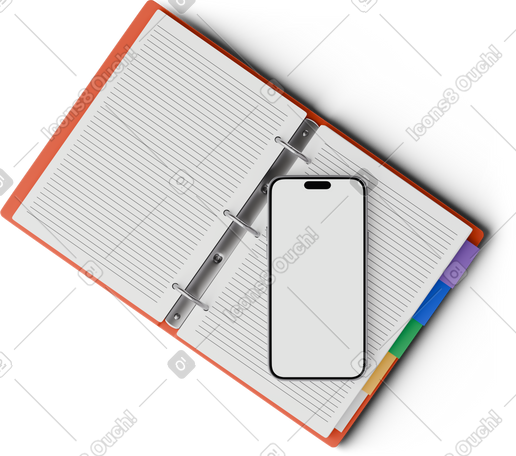 3D top view of smartphone on binder PNG, SVG