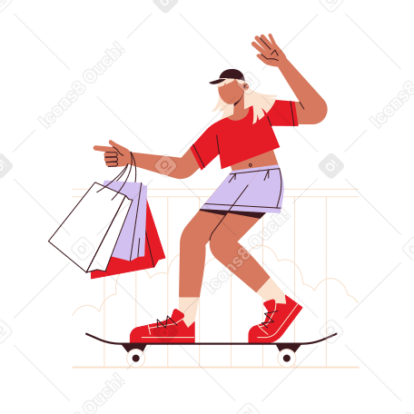 girl riding a skateboard with shopping bags in her hand PNG, SVG