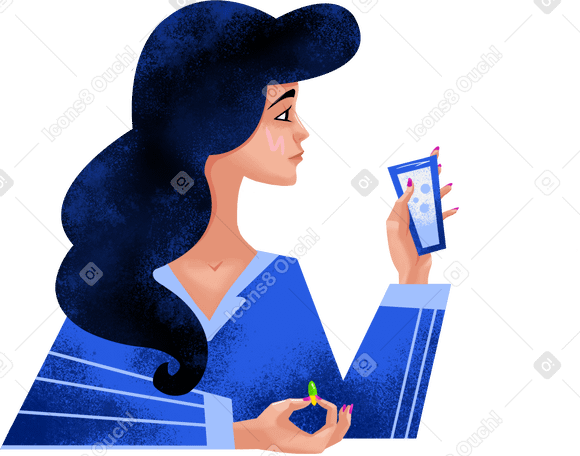 woman in a blue shirt with a glass of water and a pill Illustration in PNG, SVG