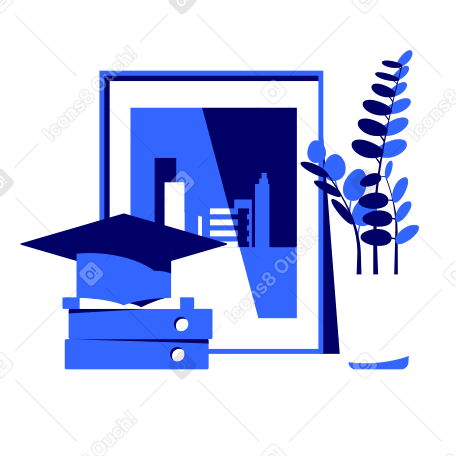 Graduate's hat, books, a poster with a picture of a modern city and plants in a vase on the desk PNG, SVG