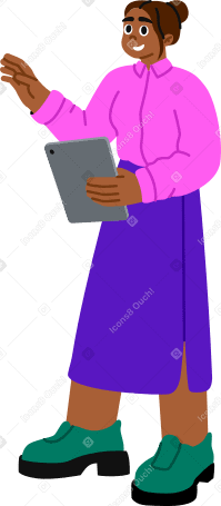 woman standing with a tablet in her hand PNG, SVG