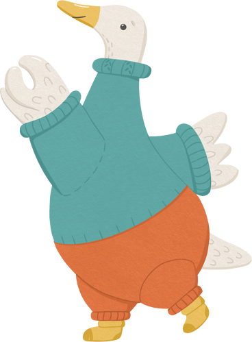 goose is standing in a blue sweater with his hand up PNG, SVG