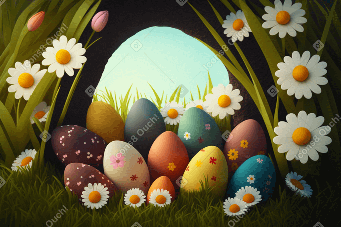Composición 3d con flores y huevos de pascua. PNG, SVG