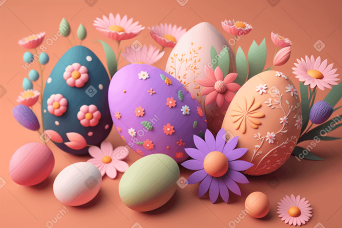 3d пасхальные яйца с цветочным фоном в PNG, SVG