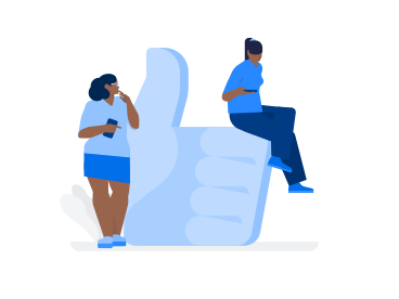 Big hand with thumb up and two women with phones PNG, SVG