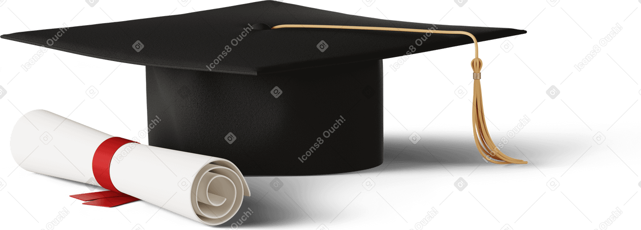 3D graduating cap and diploma certificate Illustration in PNG, SVG