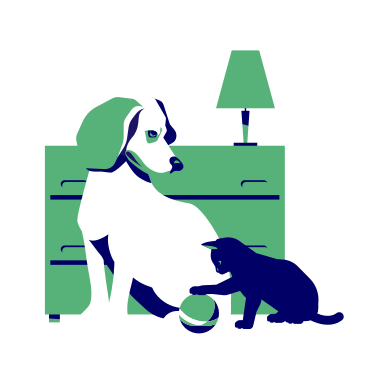 Dog and cat playing with a ball near dresser PNG, SVG